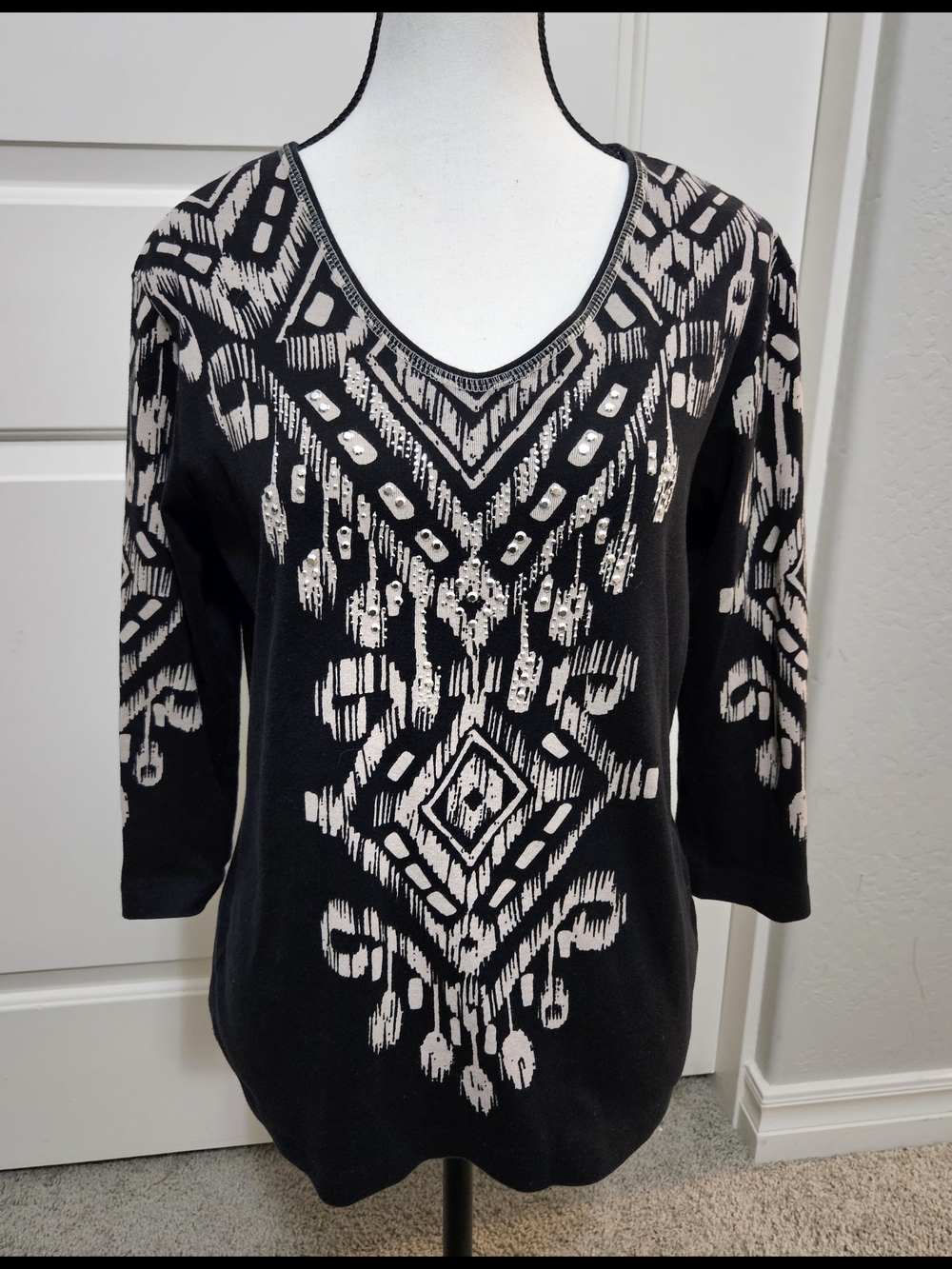 Cactus Bay- Black & Cream V-Neck Embellished Southwestern Top